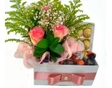 Cesta Presente Caixa de Flores com Chocolate