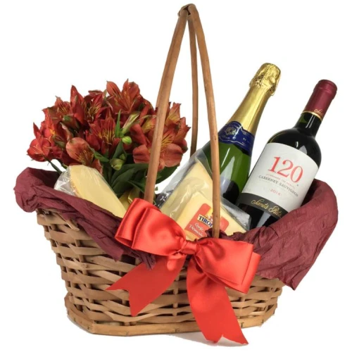 Cesta Presente Bandeja de Vinho com Flores